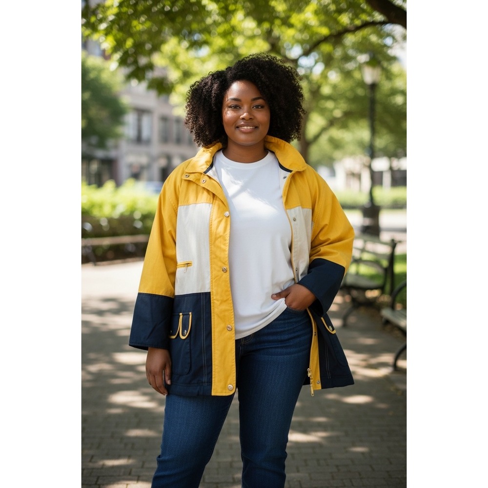 Vintage J.G. Hook Colorblock Sailing Jacket Yellow‎ Navy White 2X Stowaway Hood